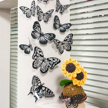 12pcs Black Butterfly Samolepky na Stenu Vyprázdnené-out, 3D Miestnosti Dekorácie na Stenu Umenie PVC Nábytok Domov Skrášľujúce Dekorácie