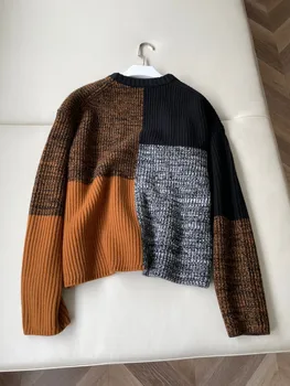 2023 dámske Oblečenie, Módne jednoduché dlhým rukávom farebný blok pletený sveter Jeseň Zima Nové