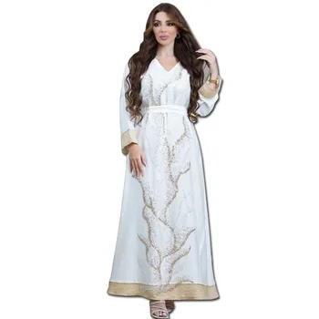 2023 Elegantné Moslimských Žien Dlhý Rukáv V krku, Ružové a Biele Polyester sequined Dlho Abaya Moslimských Módne Šaty Abaya Šaty S-2XL