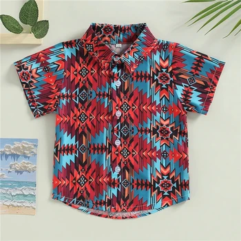 2024 Nové detské Tričko Etnických Krátke Sleeve Tee Tlačidlo Dojčenské Oblečenie Havajskej Pláži Tričko pre Chlapcov, Letná Blúzka pre Dieťa