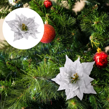 7pcs Vianočné Lesk Poinsettia Umelé Kvety Tipov na Vianočný Veniec Vianočný Strom Ornament ( Strieborný )