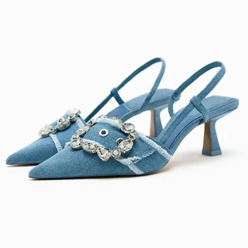 Baotou sandále žena Jeseň 2024 nové modré drahokamu dekorácie denim vysoké podpätky jemné päty poukázal plytké úst jedného topánky