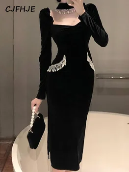 CJFHJE Elegantným Black Velvet Dlhé Šaty Žien kórejský Vintage Gotický Večer Party Šaty na Jar Bežné Strapec Dizajn Y2K Šaty Nové