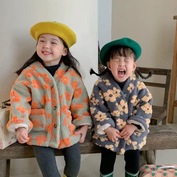 Dievča Kabát 2023 Zimné kórejských Detí Teplá Bunda V Krku Fleece detský Kabát Troch-dimenzionální Kvet Plus Zamatový Kabát