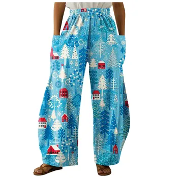 Dámske Módne Elastické Pás Voľné Vianočné Vytlačené Domov Bežné Rovnou Nôh Nohavice S Vreckami Nohavice Nové Zimné Pantalon