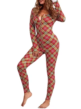 Dámske Sexy Vianočné Pyžamo Kombinézach Dlhý Rukáv Slim Fit Útulný Škaredé Sleepwear Vianoce Pjs Romper