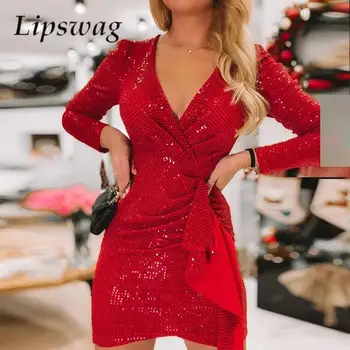 Elegantný Dlhý Rukáv Zábal Volánikmi Party Šaty Módne Sexy Zloženke V Krku Tenký Mini Šaty Žien Vianočné Lesklé Sequin Červené Šaty