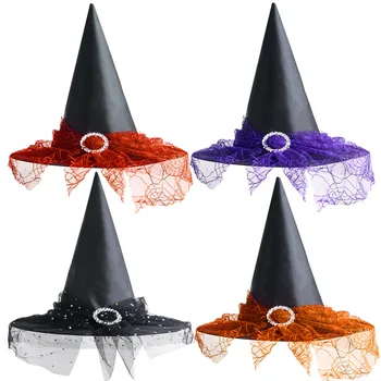 Halloween Lesklé Čarodejnice Klobúk pre Ženy, Zlé Pavúky Vytlačené Čipky Okraj Cosplay Kostým Karneval Party Dekorácie