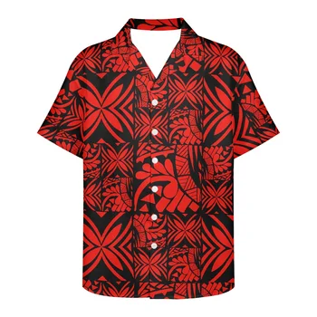 HYCOOL Polynézskej Tribal Pánske Módne Oblečenie Plus Veľkosť Lete Krátky Rukáv Tlačidlo Hore Havajská Košeľa Červená Samoan Košele Pre Mužov