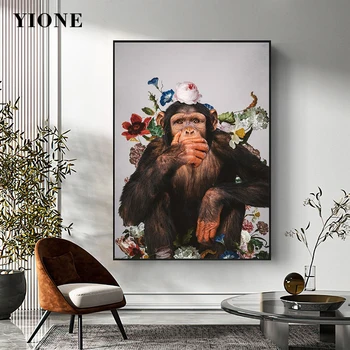 Kvety Šimpanz Opice Plátno, Maľovanie Rám Moderný voľne Žijúcich Zvierat Plagáty a Tlačí na Steny Umenie Deocration Obrázok pre Izba