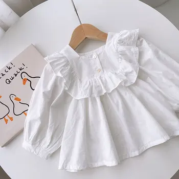 Kórejské deti oblečenie dievča biele dlhé rukávy bábika štýlové tričko baby prehrabať okraji tričko baby detí top oblečenie