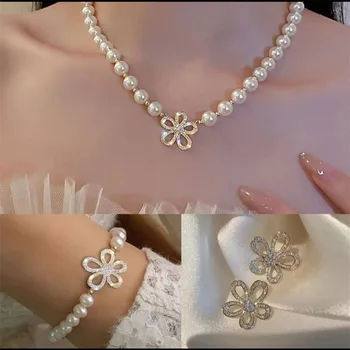 Luxusné Šperky Set pre Ženy, kórejský Módne Perlový Náhrdelník Náramok Náušnice Nastaviť Kvet kľúčnu kosť Reťazca Výročie Svadby Darček