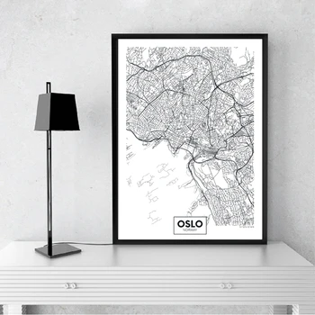 Moderné Mesto Oslo Mapu Minimalistický Plátno na Maľovanie Čierne a Biele Steny Umenia, Tlače, Plagát, Obrázky, Obývacia Izba Domova