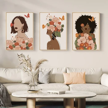 Nordic Dievča Plátno, Maľovanie Rám Kvet, Motýľ Black Art Žena, Plagáty a Vytlačí Obývacia Izba Dekorácie Obrázky