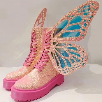 Nové Bling Motýlích Krídel Krátke Topánky, Lady Muffin Hrubé Jediným Zip Čipky Kolo Prst Dizajnér Platformu Zvýšiť Členok Martinn Boot