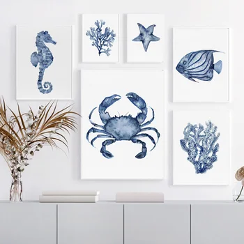 Námorné Akvarel Koralových Rias Námornícka Modrá Plagáty Krab Hviezdice Seahorse Wall Art Print Plátno Na Maľovanie Obývacia Izba Domova