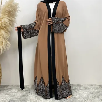 Otvorte Abayas Výšivky Moslimská Žena Kimono Cardigan Islamské Oblečenie Arabčina Šaty Kaftan Ramadánu Dubaj Turecký Femme Župan Kaftane