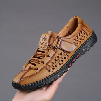 Pánske Kožené Sandále Duté Platformu Sandále 2021 Ručné Mäkké Jediným Soft Top Mužské Topánky Non-slip Muž Obuv Zapatos Hombre
