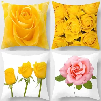 Rose Série Žltá Ružový Kvet Tlačený Vzor Gauč Vankúš Vankúše Domova Strana Auto Posteľná Bielizeň