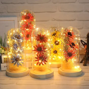 Valentín Darček pre Priateľku Večný Slnečnice LED Svetlo, Sušené kvety v Sklenený Kryt Matiek, Deň a Svadobné Zdvorilosti Darček