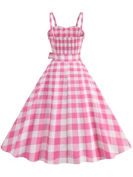 Vintage 50. Rockabilly Swing Party Šaty 2023 Špagety Popruh Ružová Kockované Šaty Žien Leto, Elegantné