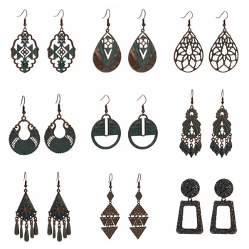 Vintage Etnických Visieť Geometrické Náušnice pre Ženy Vyhlásenie Jhumka Šperky Vyrezávané Kovové Bronzové Earing Módne Indické Šperky