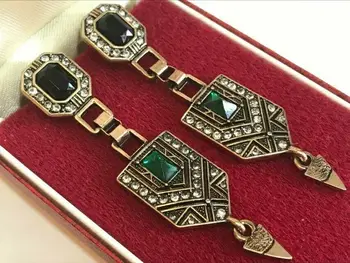 Vintage Štýl Inšpirovaný Geometrické Egypt Emerald Green Crystal Zlatý Tón Náušnice