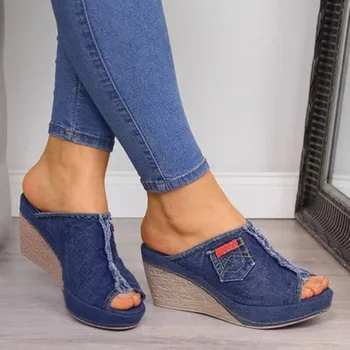 Vysoké Podpätky Papuče Lete Ženy, Otvorené Prst Denim Kliny Topánky Pohodlné Sandále Na Platforme Dámy Sandalias Muger Zapatillas