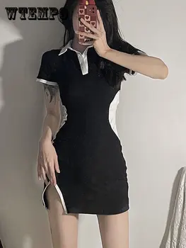 WTEMPO Black Polo T Shirt Dámske Šaty Y2K Letné Módy Harajuku Vintage Streetwear Roztomilý Mini Šaty Gothic Hippie Kawaii