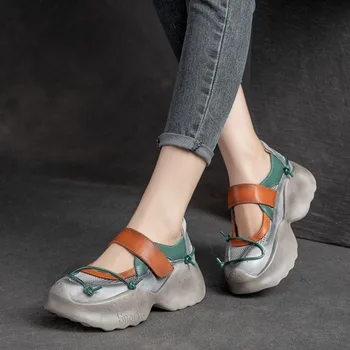 YourSeason Leto, Jeseň Ženy Hrubé Jediným Vintage Bežné Topánky Platformu Originálne Kožené Dámske Kontrast Sandále Priedušná Oka