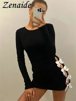 Zenaide 2023 Zimné Móda Luk Bodycon Mini Šaty pre Ženy, Elegantné Oblečenie Sexy Duté Z Dlhým Rukávom Čierne Šaty Vestidos